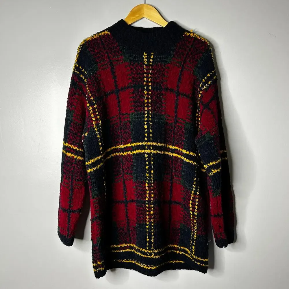 Vintage Hand Knit Jones New‎ York Tartan Plaid Wool Sweater Men's Large